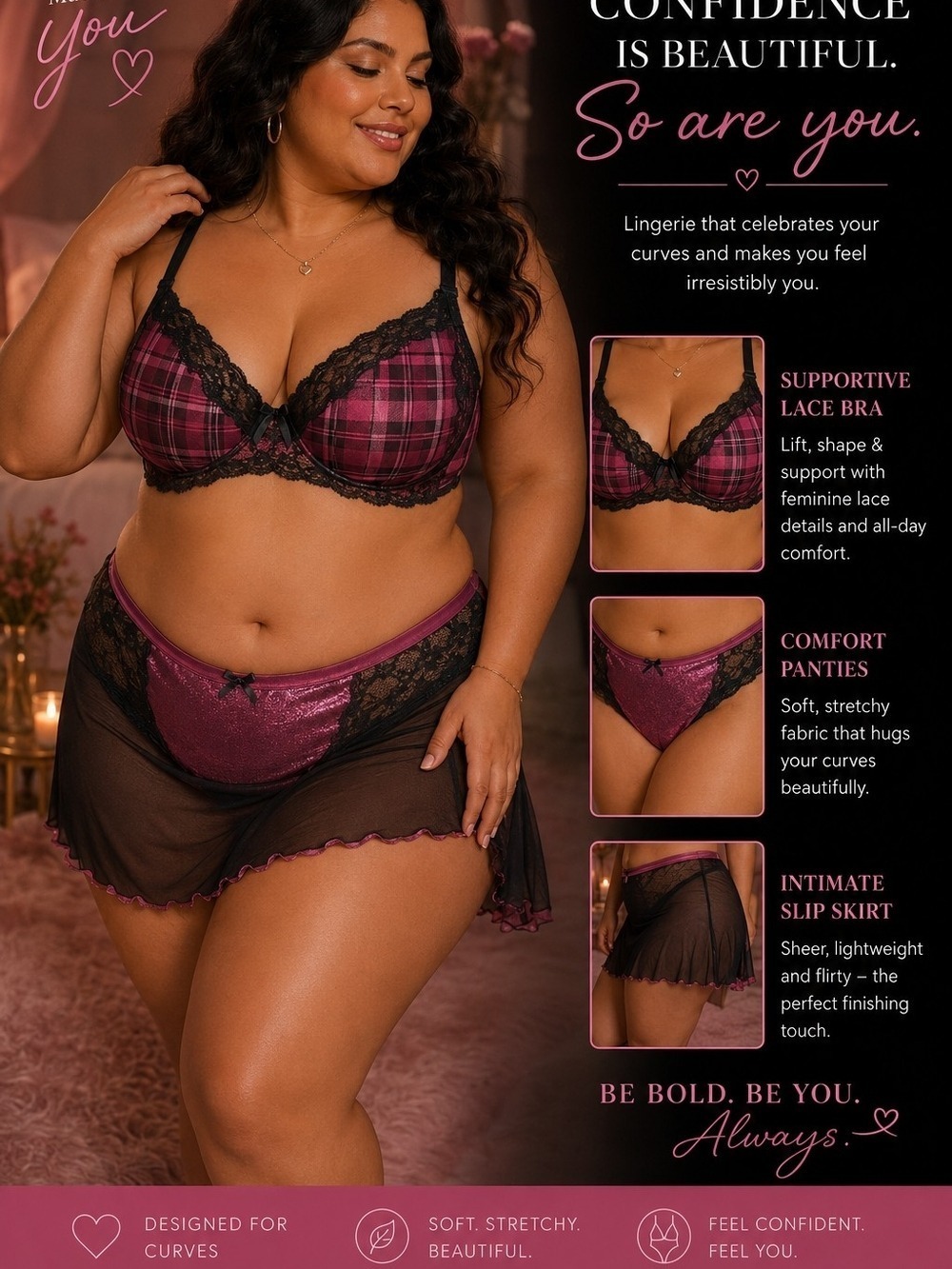 Sale:$hop the look: Lane Bryant -Bra,Slip Skirt-Pink/Black. Sz 26/28, 42DD